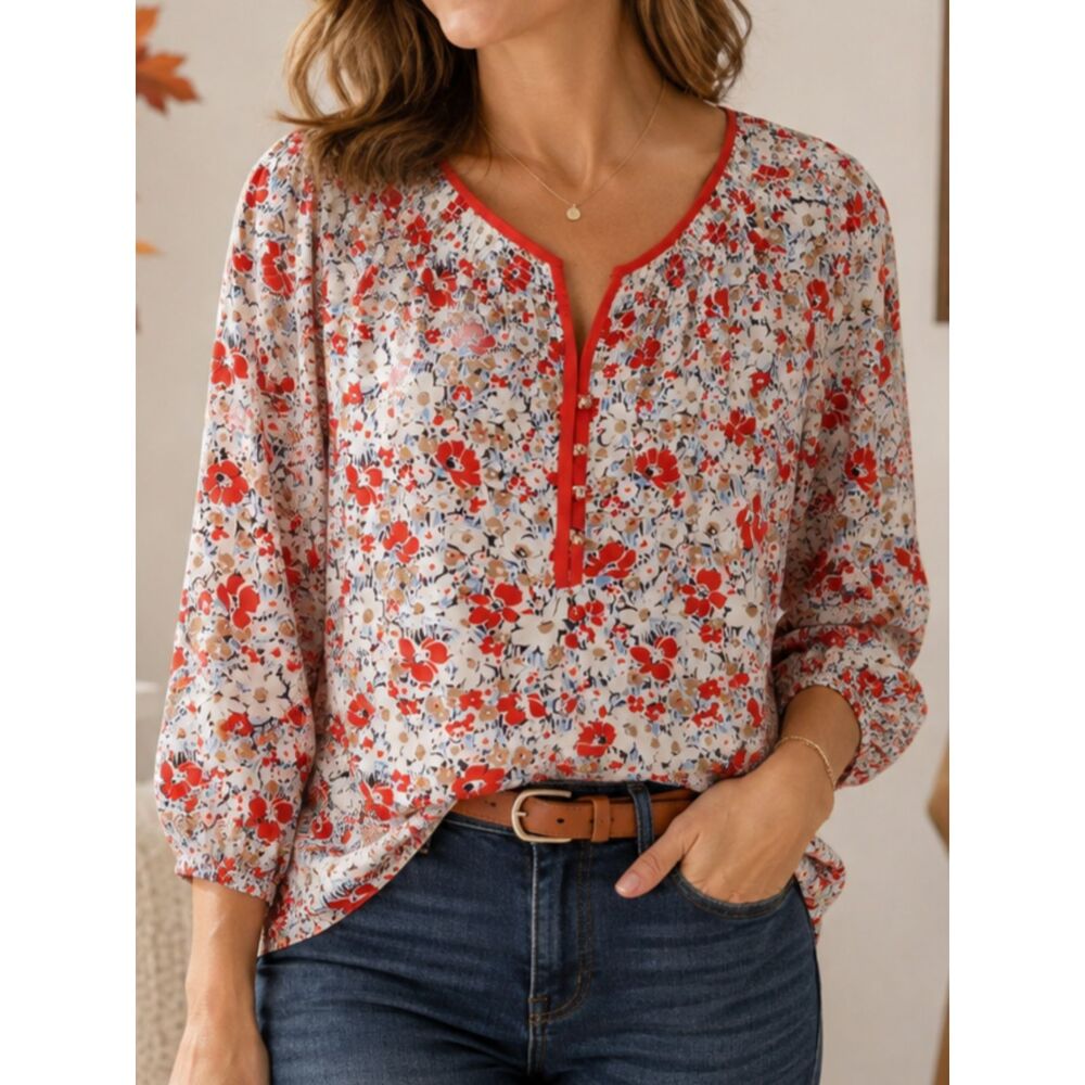 Jones New York Signature Floral Peasant Blouse Small Red Blue Boho Career Top